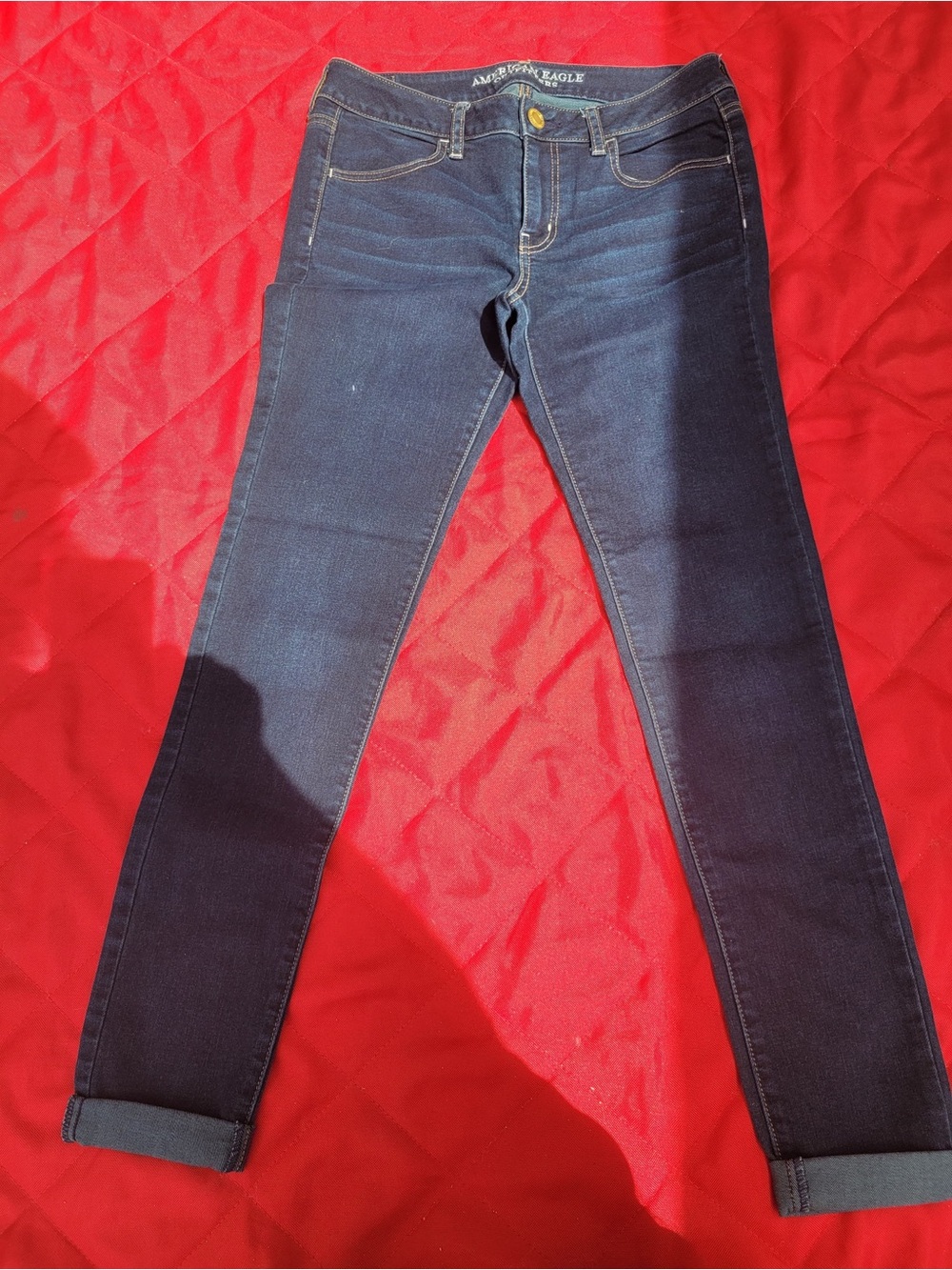 American Eagle Jegging Size 8 Long Dark Denim Stretchy Cuffed Bottom